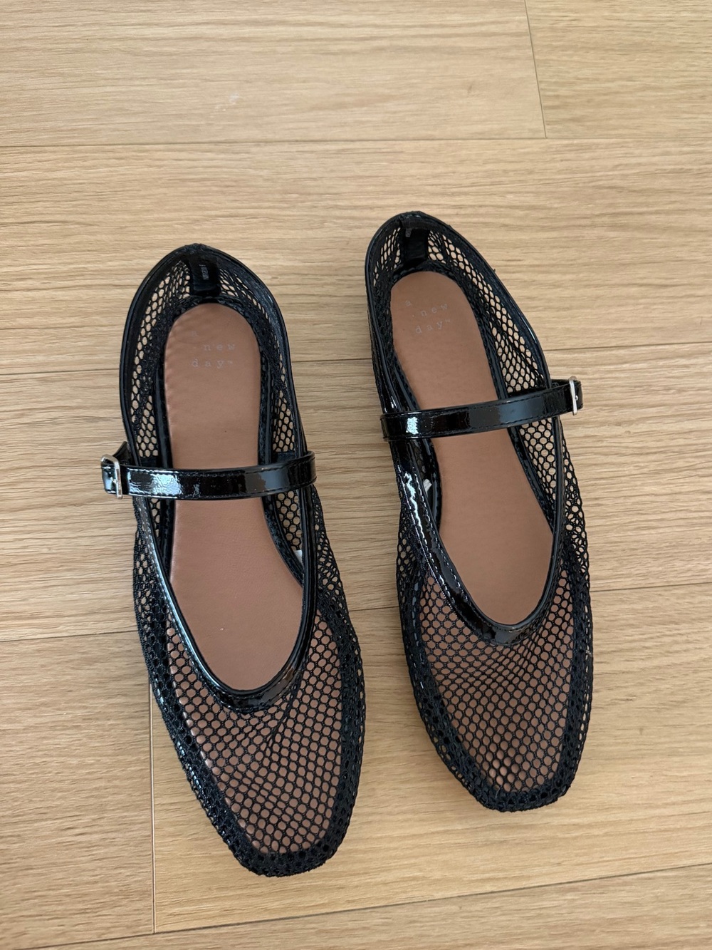 Black Mesh Mary Jane Flats with Patent Strap